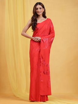 Navyasa By Liva - Orange Liva Crepe Foil Print Saree with Unstitched Blouse