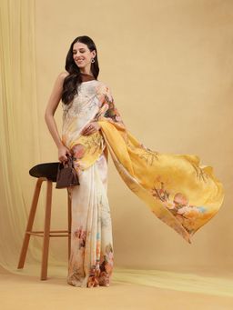 Navyasa By Liva - Yellow Liva Silk Excel Floral Print Saree with Unstitched Blouse