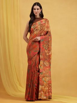 Navyasa By Liva - Brown Liva Tissue Floral Print Saree with Unstitched Blouse