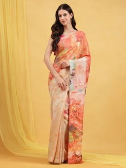 Navyasa By Liva - Beige Liva Tissue Floral Print Saree with Unstitched Blouse