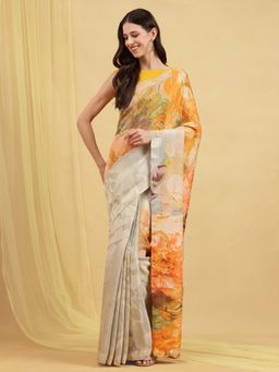 Navyasa By Liva - Grey Liva Tissue Floral Print Saree with Unstitched Blouse