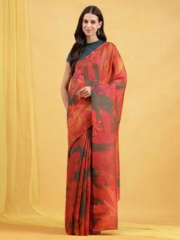 Navyasa By Liva - Red Liva Silk Excel Abstract Print Saree with Unstitched Blouse