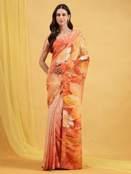 Navyasa By Liva - Orange Liva Tissue Floral Print Saree with Unstitched Blouse
