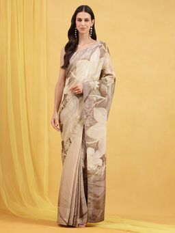Navyasa By Liva - Brown Liva Tissue Floral Print Saree with Unstitched Blouse