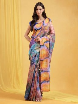 Navyasa By Liva - Brown Liva Silk Excel Abstract Print Saree with Unstitched Blouse