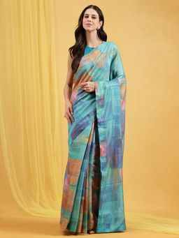 Navyasa By Liva - Green Liva Slub Chanderi Abstract Print Saree with Unstitched Blouse