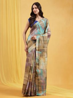 Navyasa By Liva - Brown Liva Slub Chanderi Abstract Print Saree with Unstitched Blouse