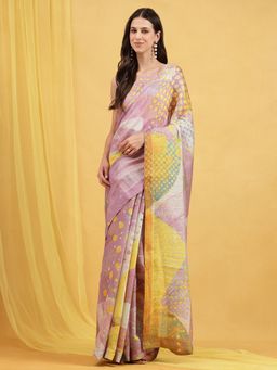 Navyasa By Liva - Mauve Liva Slub Chanderi Abstract Print Saree with Unstitched Blouse