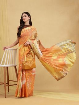 Navyasa By Liva - Orange Liva Slub Chanderi Abstract Print Saree with Unstitched Blouse