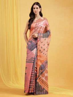 Navyasa By Liva - Grey Liva Slub Chanderi Abstract Print Saree with Unstitched Blouse