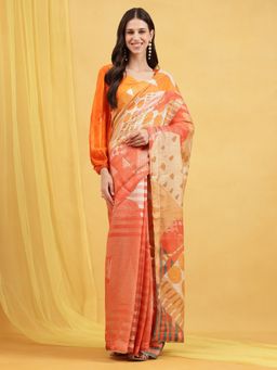 Navyasa By Liva - Pink Liva Slub Chanderi Abstract Print Saree with Unstitched Blouse