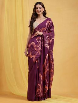 Navyasa By Liva - Purple Liva Crepe Foil Print Saree with Unstitched Blouse