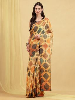 Navyasa By Liva - Multicolor Liva Slub Chanderi Geometric Print Saree with Unstitched Blouse