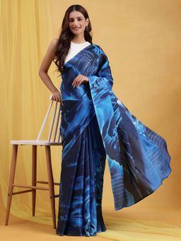 Navyasa By Liva - Blue Liva Satin Foil Print Saree with Unstitched Blouse