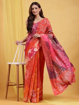 Navyasa By Liva - Orange Liva Crepe Foil Print Saree with Unstitched Blouse