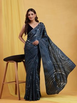 Navyasa By Liva - Dark Green Liva Satin Foil Print Saree with Unstitched Blouse