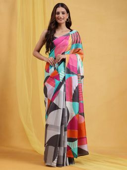 Navyasa By Liva - Multicolor Liva Satin Foil Print Saree with Unstitched Blouse