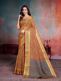 Garden VARELI - Women Brown Floral Art Silk Saree with Unstitched Blouse