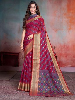 Garden VARELI - Women Burgundy Floral Art Silk Saree with Unstitched Blouse