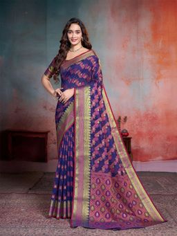Garden VARELI - Women Purple Floral Art Silk Saree with Unstitched Blouse