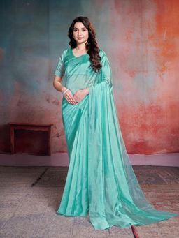Garden VARELI - Women Turquoise Solid Saree Without Blouse