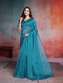 Garden VARELI - Women Teal Solid Saree with Unstitched Blouse