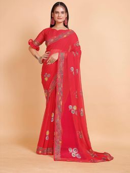 Garden VARELI - Women Red Floral Georgette Saree Without Blouse