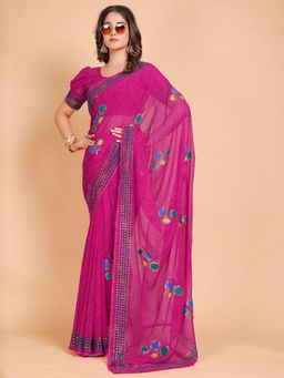 Garden VARELI - Women Magenta Floral Georgette Saree with Unstitched Blouse