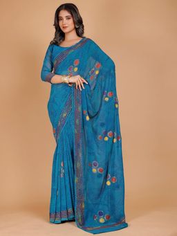Garden VARELI - Women Blue Floral Georgette Saree Without Blouse