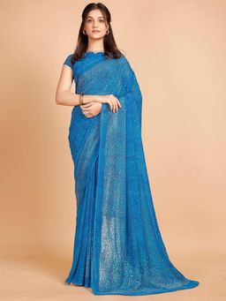 Garden VARELI - Women Blue Embellished Georgette Saree with Unstitched Blouse