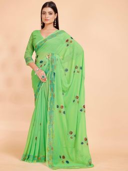 Garden VARELI - Women Green Floral Georgette Saree with Unstitched Blouse