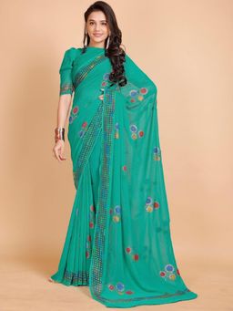 Garden VARELI - Women Teal Floral Georgette Saree with Unstitched Blouse
