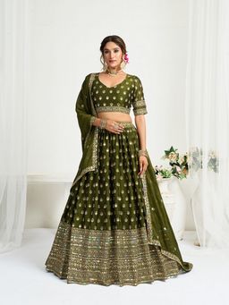 Pink Ethnic - Mehendi Green Silk Embroidered Semi-Stitched Lehenga with Blouse Piece and Dupatta