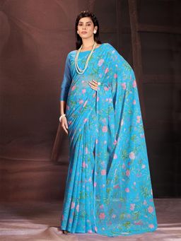 Garden VARELI - Women Blue Floral Tissue Saree Without Blouse