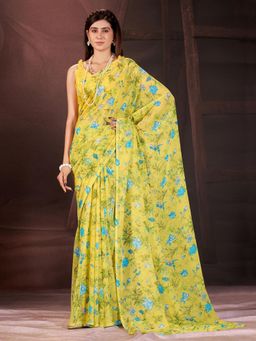 Garden VARELI - Women Yellow Floral Tissue Saree Without Blouse
