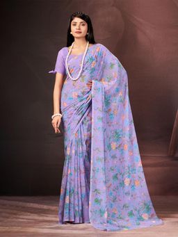 Garden VARELI - Women Purple Floral Tissue Saree Without Blouse