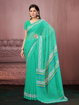 Garden VARELI - Women Teal Floral Tissue Saree Without Blouse