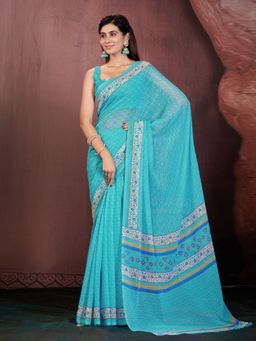 Garden VARELI - Women Blue Floral Tissue Saree Without Blouse