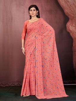 Garden VARELI - Women Coral Floral Tissue Saree Without Blouse