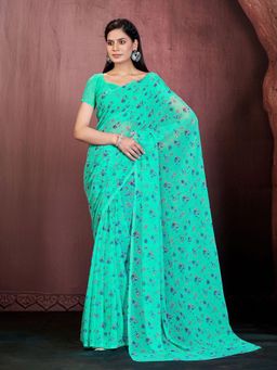 Garden VARELI - Women Green Floral Tissue Saree Without Blouse