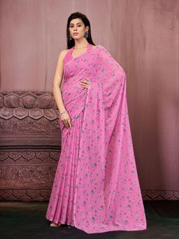 Garden VARELI - Women Pink Floral Tissue Saree Without Blouse