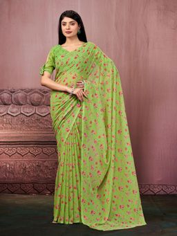 Garden VARELI - Women Green Floral Tissue Saree Without Blouse