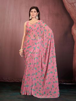 Garden VARELI - Women Pink Floral Tissue Saree Without Blouse
