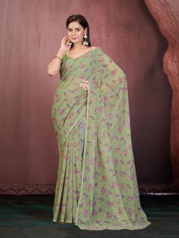 Garden VARELI - Women Olive Floral Tissue Saree with Unstitched Blouse
