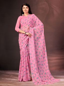 Garden VARELI - Women Pink Floral Tissue Saree Without Blouse