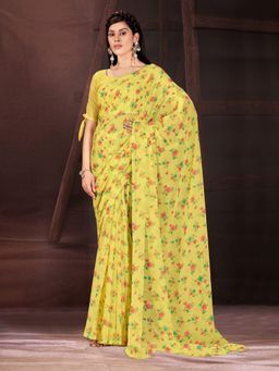 Garden VARELI - Women Yellow Floral Tissue Saree Without Blouse