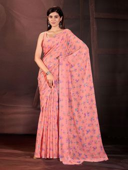 Garden VARELI - Women Peach Floral Tissue Saree Without Blouse