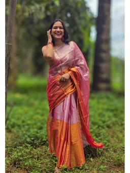 APAAPI THREADS OF GLORY - Pink and Rust Tissue Mul Saree with Unstitched Blouse Piece