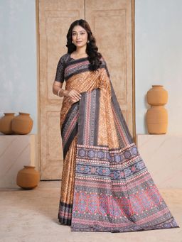 Garden VARELI - Women Brown Printed Art Silk Saree Without Blouse