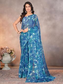 Garden VARELI - Women Blue Abstract Chiffon Saree Without Blouse